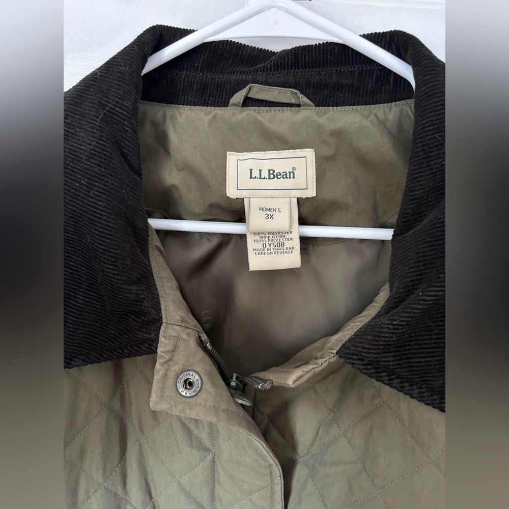 LL Bean Quilted Barn Coat Chore Coat Olive Khaki Green Black Corduroy, Size 3X - Picture 2 of 8